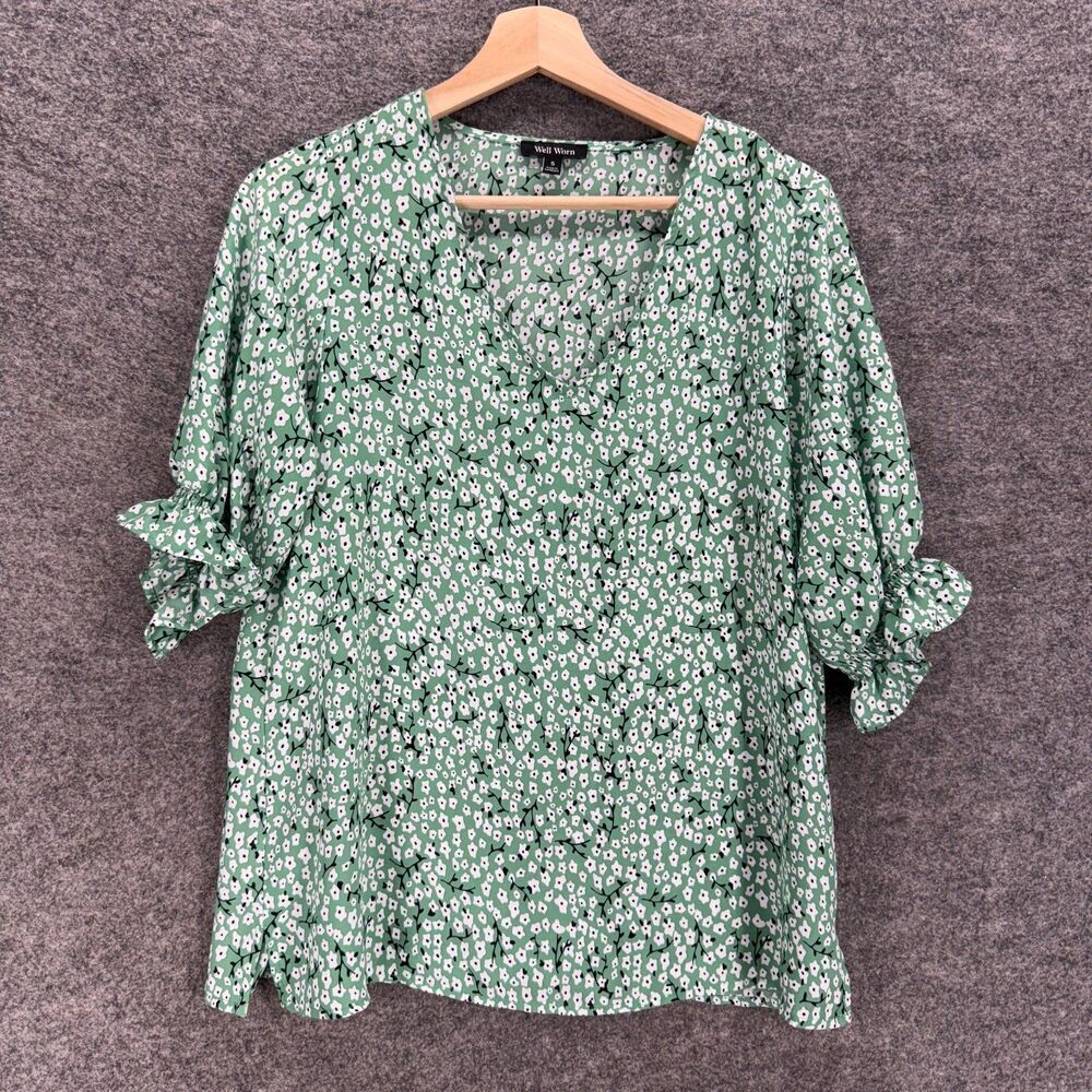 Well Worn Blouse Women S Small Green Floral V-Neck 3/4 Sleeve Pullover Casual